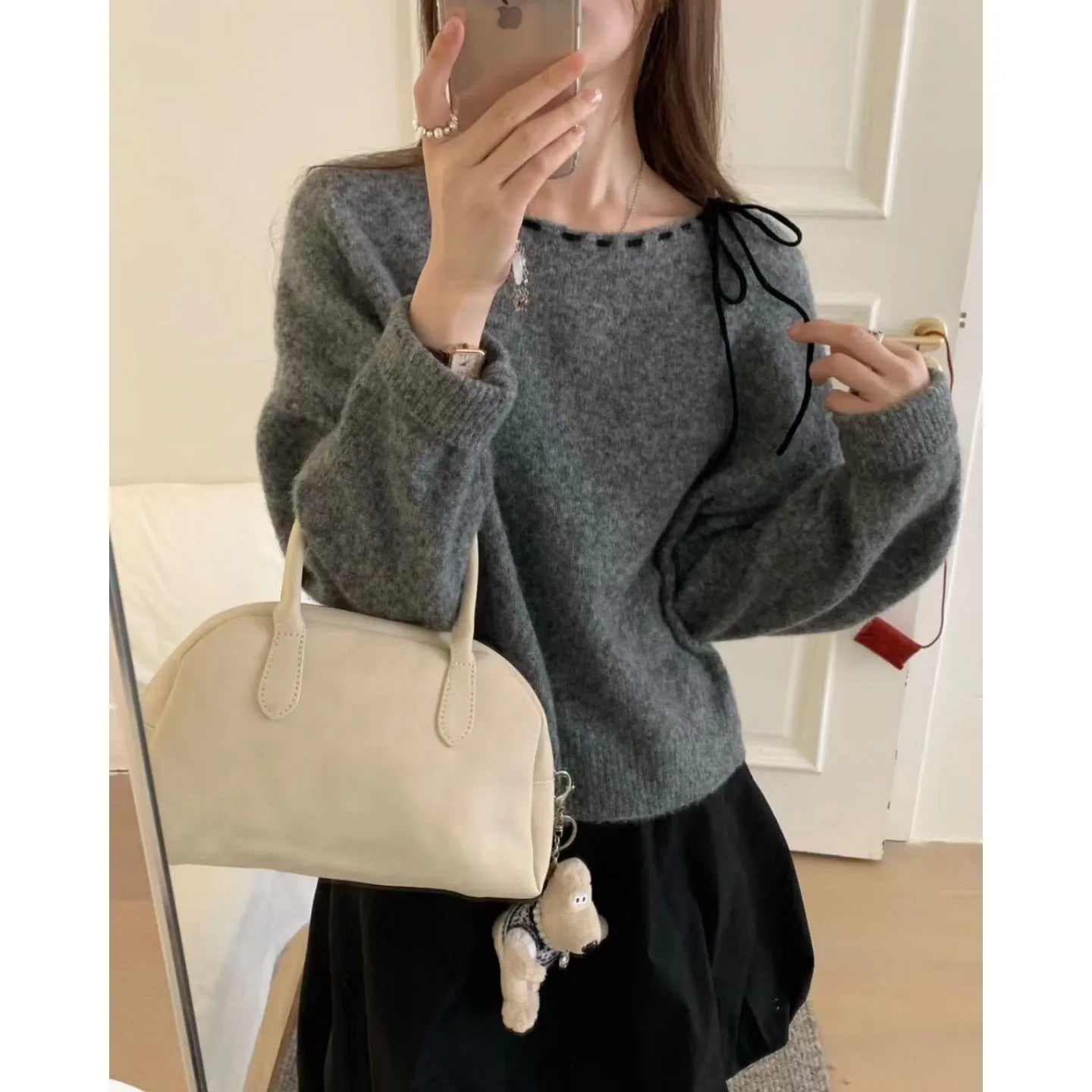 Grey loose-fitting women's pullover jumper made from regenerated cellulose fibre fabric