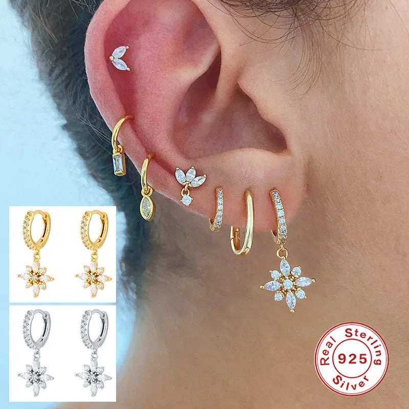 Sterling silver snowflake pendant earrings with diamond accents in gold colour options