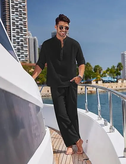 Men's cotton casual suit with long sleeve top and trousers in solid colours