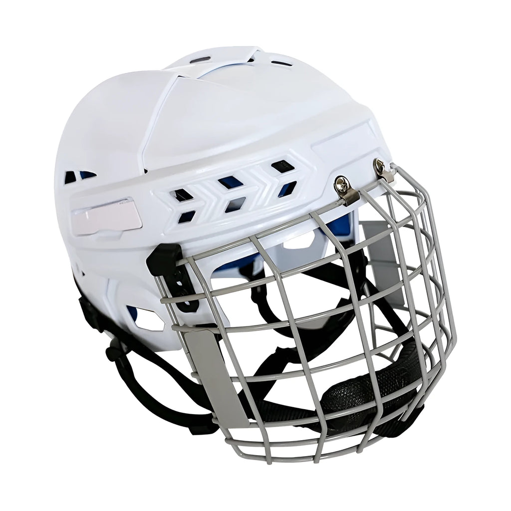 Ice hockey helmet with face mask showing PP shell construction and EVA lining in size options S M L XL