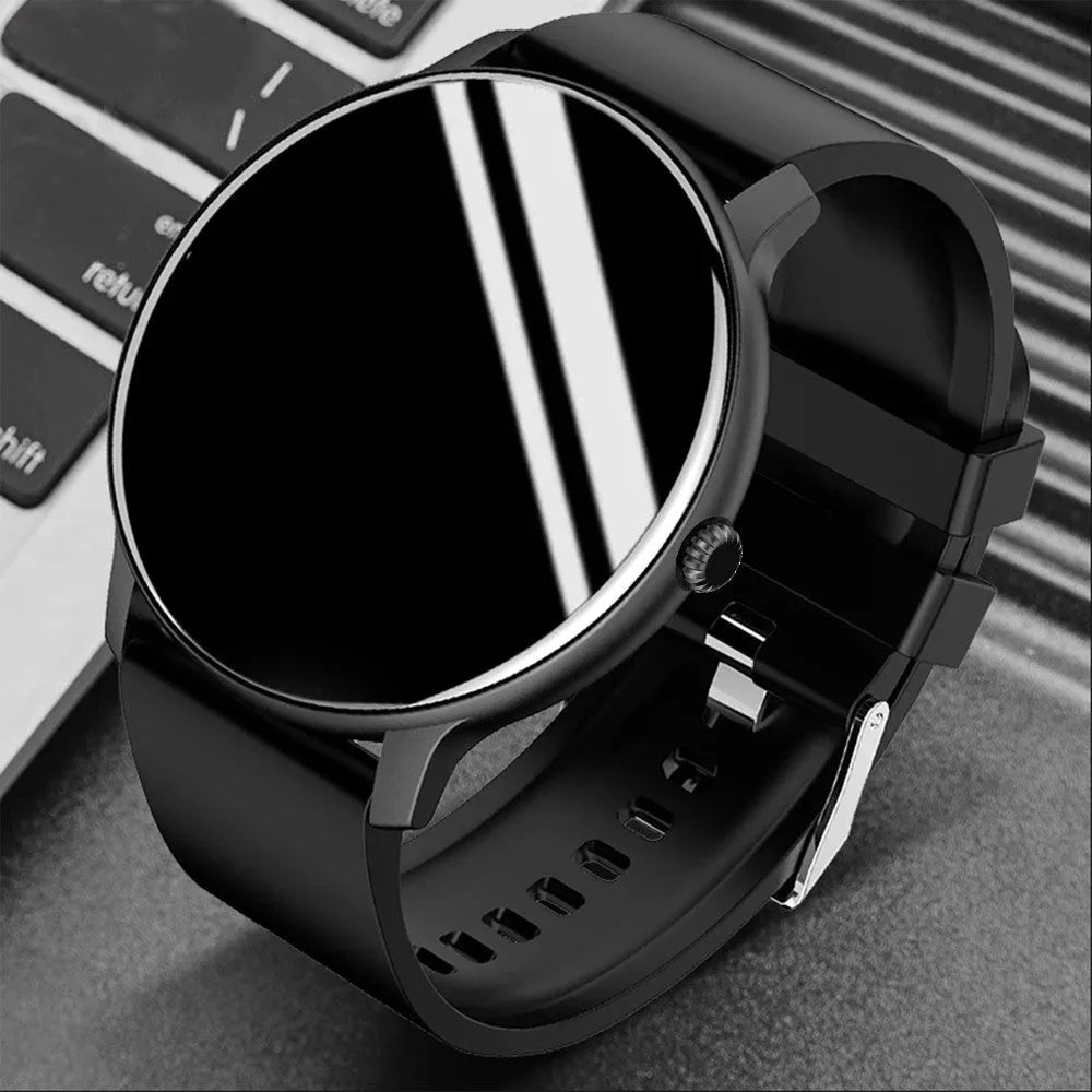 Smart sports watch with colour touch screen displaying health metrics on a silicone wristband.