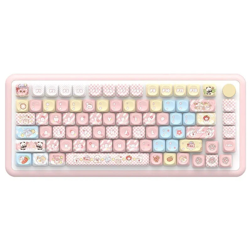 Clip doll themed mechanical keyboard keycaps with colourful doll artwork on key surfaces