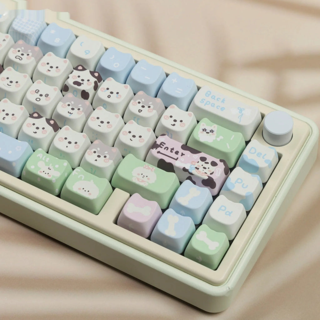 PBT sublimation key cap set featuring colourful cat and puppy artwork for mechanical keyboards