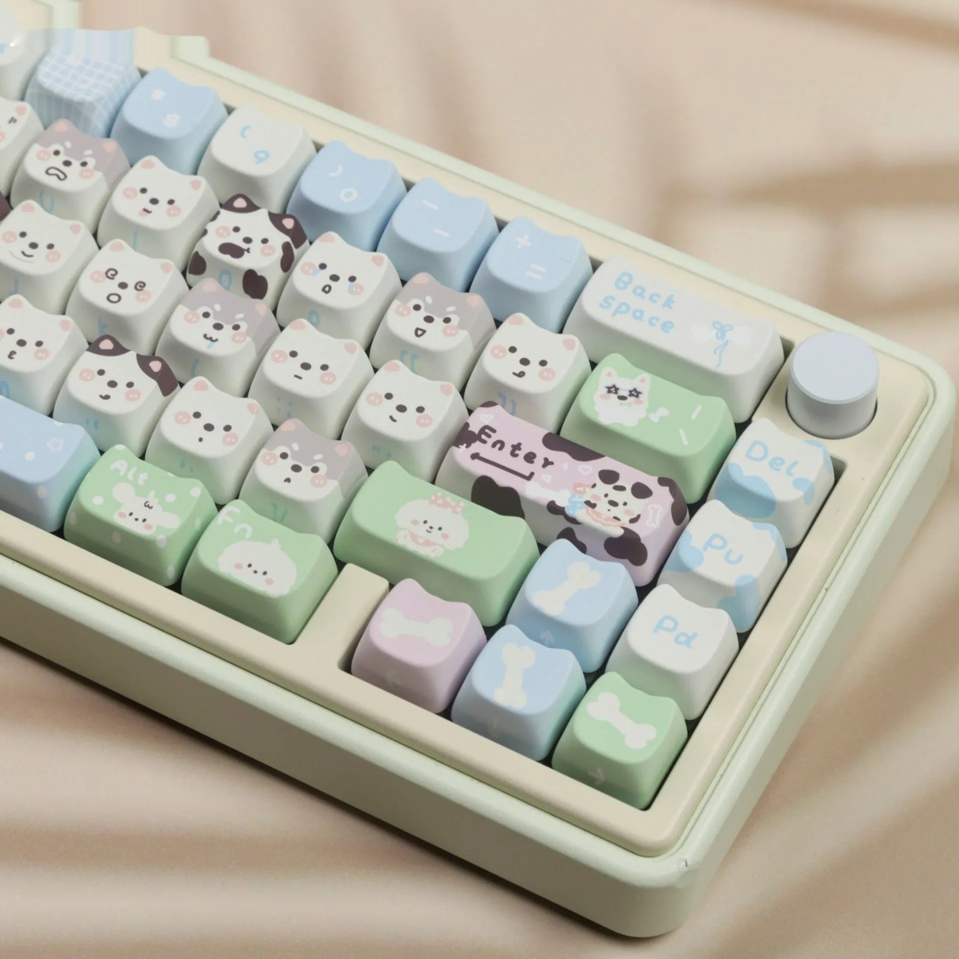 PBT sublimation key cap set featuring colourful cat and puppy artwork for mechanical keyboards