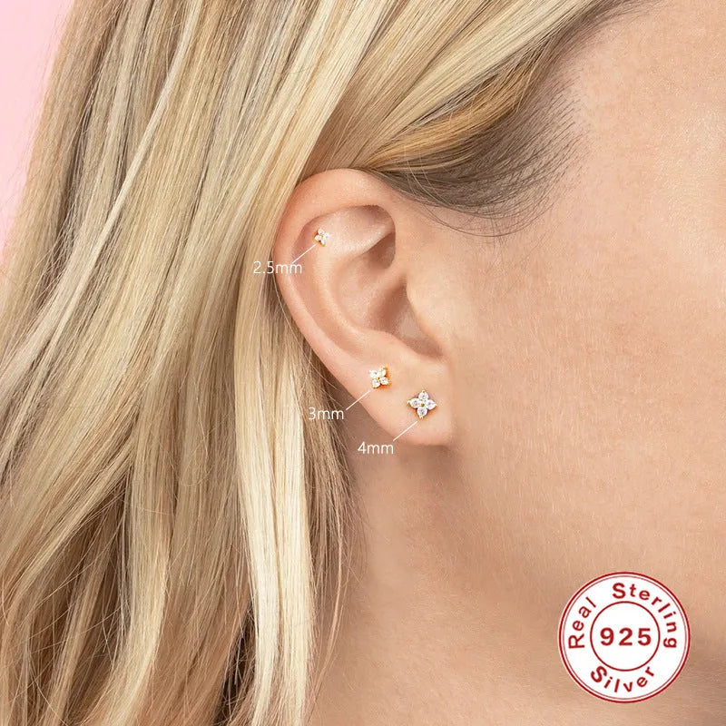 S925 sterling silver stud earrings with geometric petal crystal flowers in golden or platinum plating