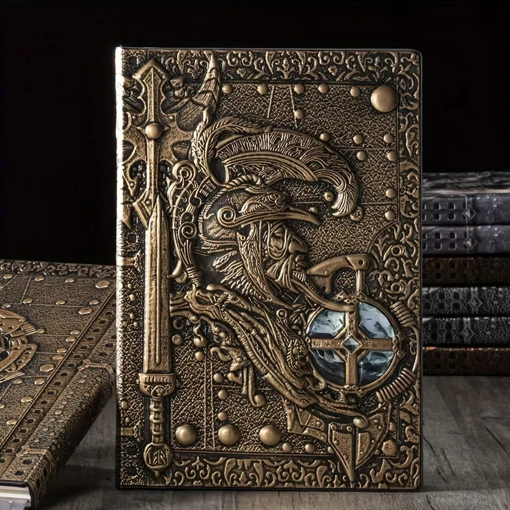 A5 leather notebook with 3D embossed warriors relief on the cover, shown in bronze colour.