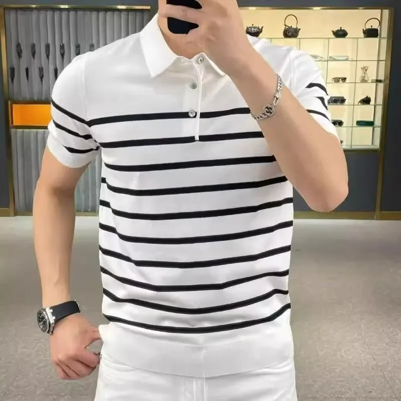 Black and white striped lapel knitted t-shirt laid flat, showing pullover style and non-ironing finish.