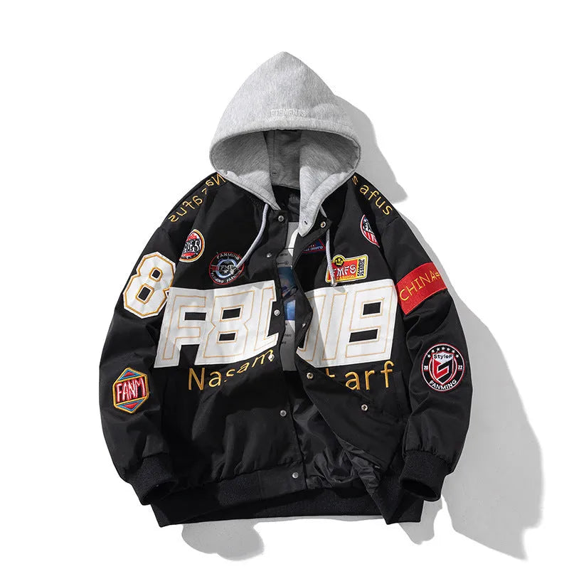 Men's black American Motorcycle Baseball Uniform jacket with detachable hood and side seam pockets