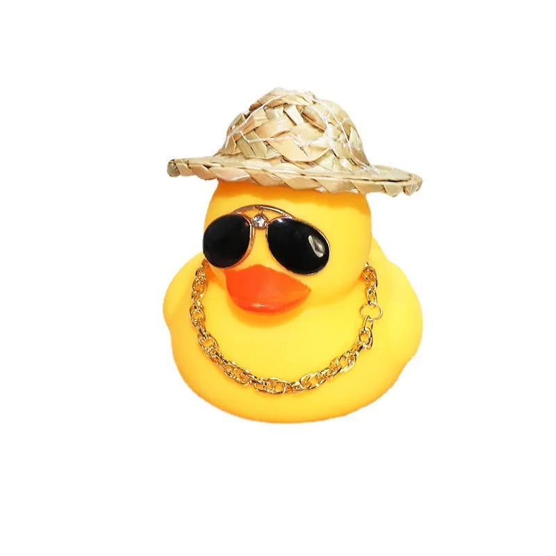 Straw hat yellow duck cartoon character car ornament with plastic alloy construction and accessory necklace