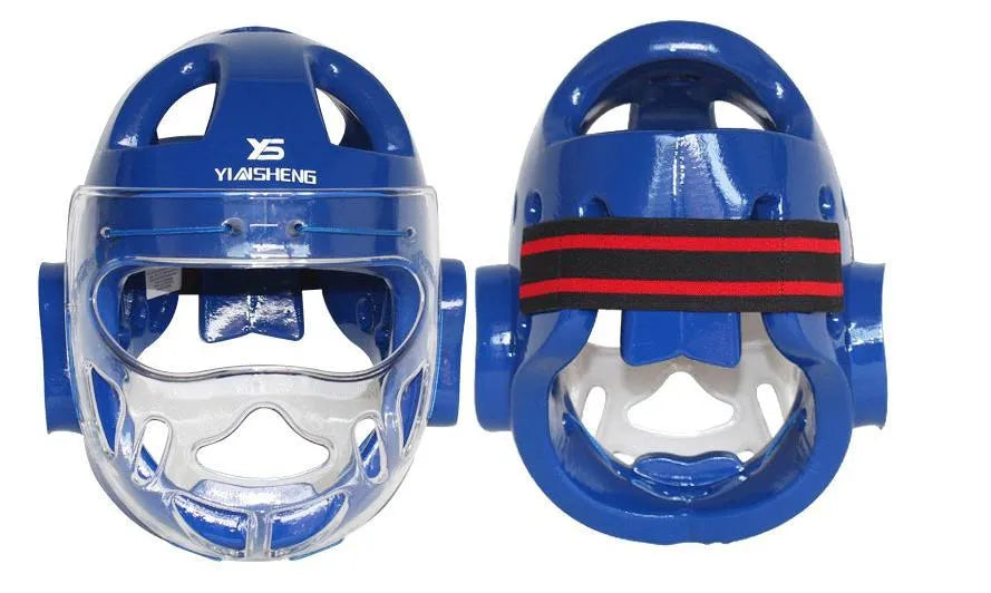 Karate helmet protective equipment in white, blue, or red colour with S, M, L, XL sizing options