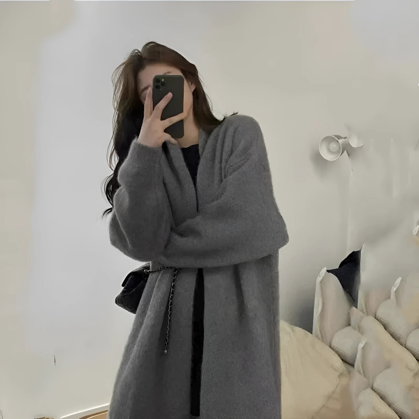 Women's loose grey chenille knitted cardigan with 3D pattern and long sleeves