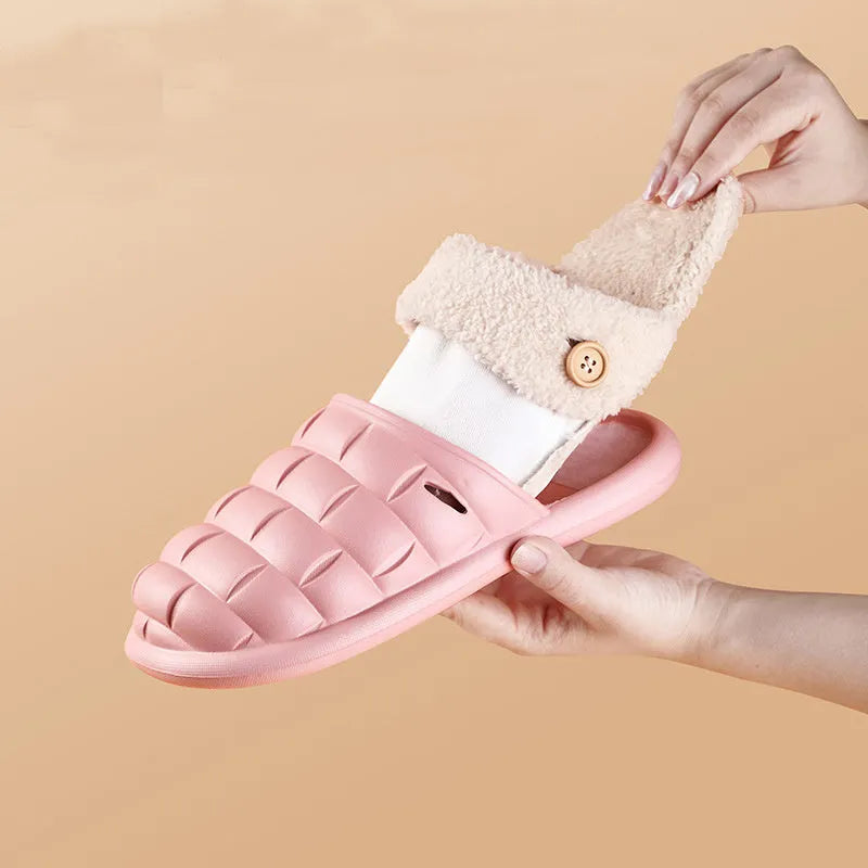 Pink and grey detachable EVA slippers with plush lining and a textured non-slip sole.