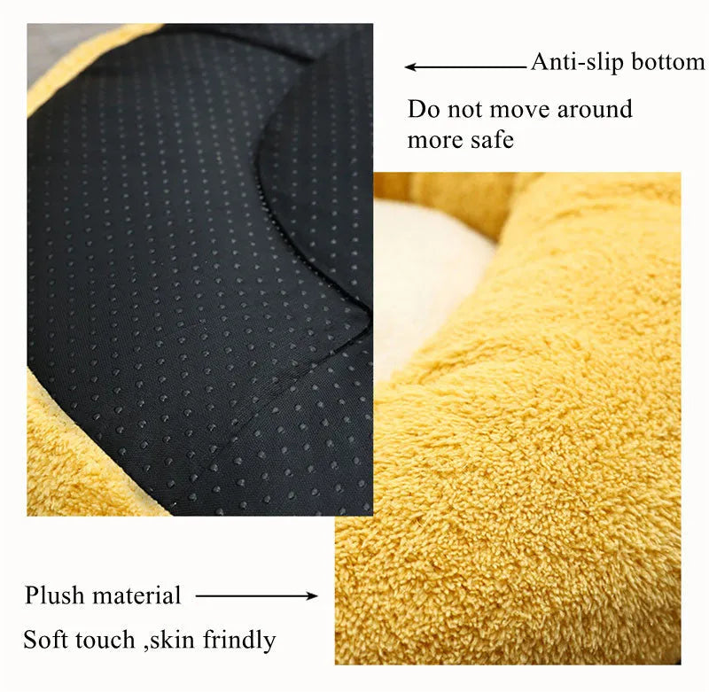 Brown and white corgi-shaped plush pet bed for dogs or cats on a wooden floor.