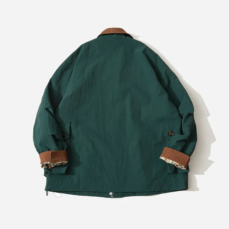 Men's and women's apricot and green polyester casual jacket with contrast panels and side pockets.