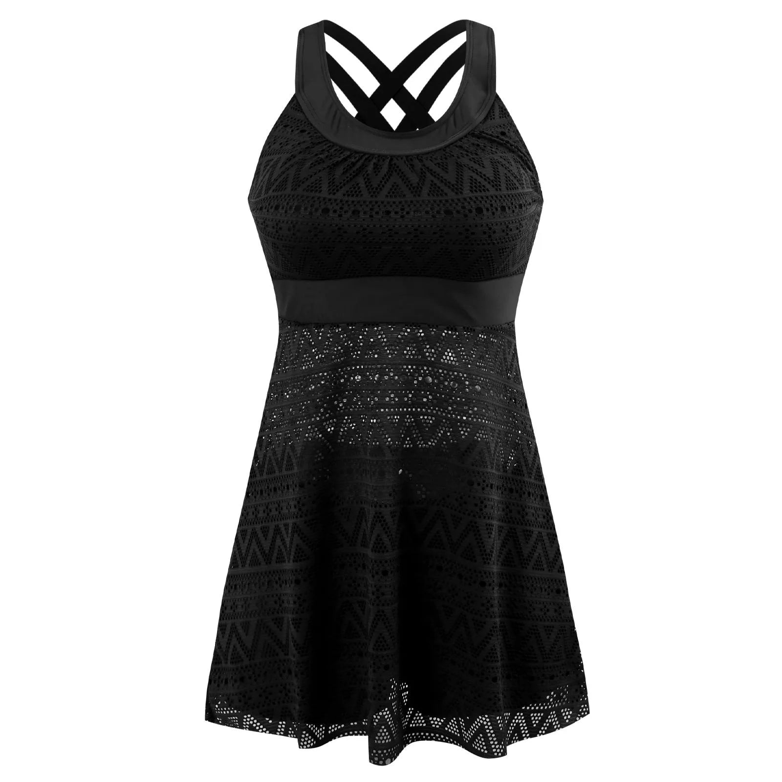 Ladies conservative high-waist split swimsuit in black and dark blue, laid flat.