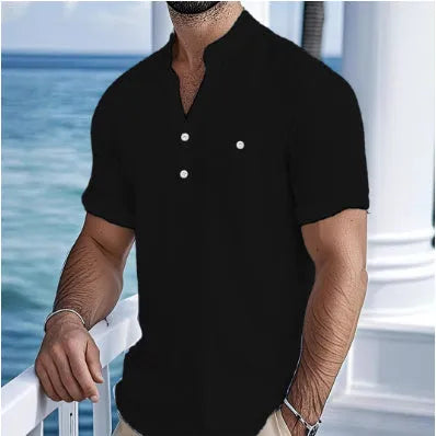 Men's linen stand collar short sleeve shirt in light blue colour showing loose fit design