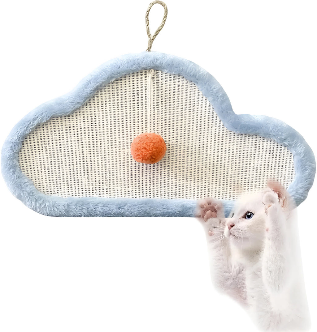 White wall-mounted cat scratching mat with natural sisal surface and sleeping cat cartoon design