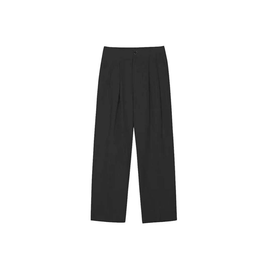Men's apricot coloured loose-fit cotton linen blend trousers on a hanger, showing zip fly and mid-waist design.