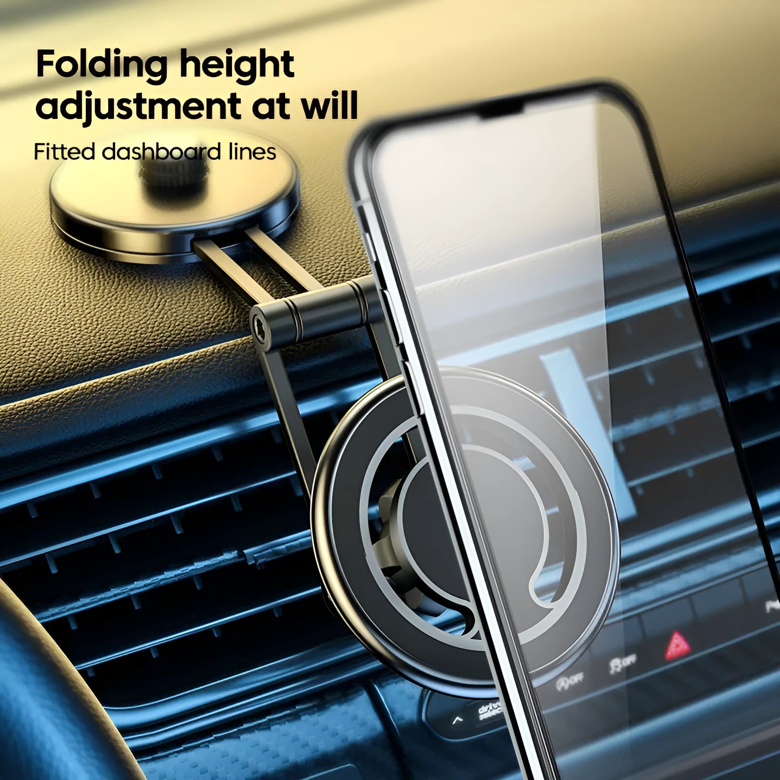 Telescopic folding car phone holder with magnetic mount on vehicle dashboard