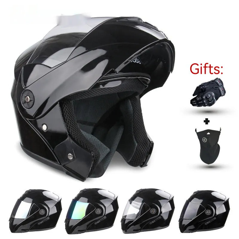Electric motorcycle helmet with double lens exposed design, ABS plastic shell, available in S M L XL and six colours.