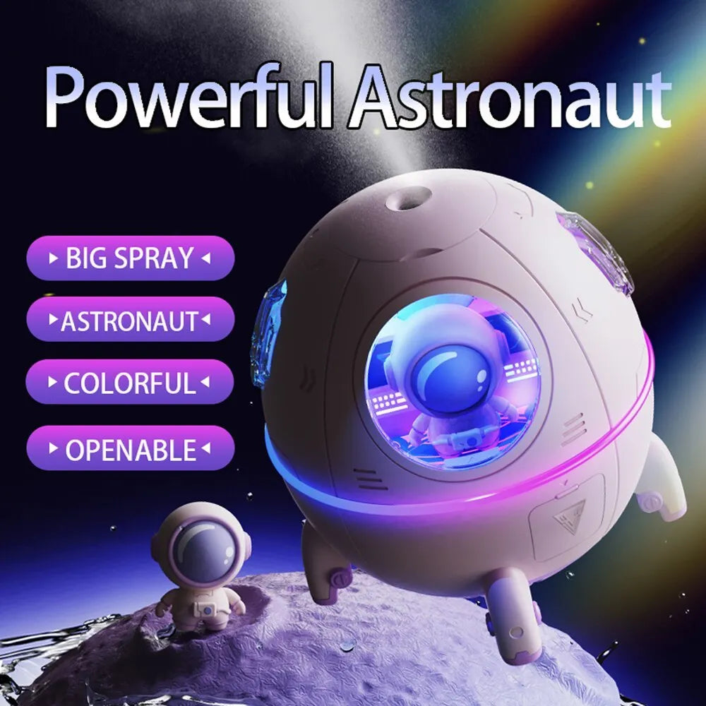 Astronaut-themed USB desktop humidifier with purple casing and colourful LED lighting