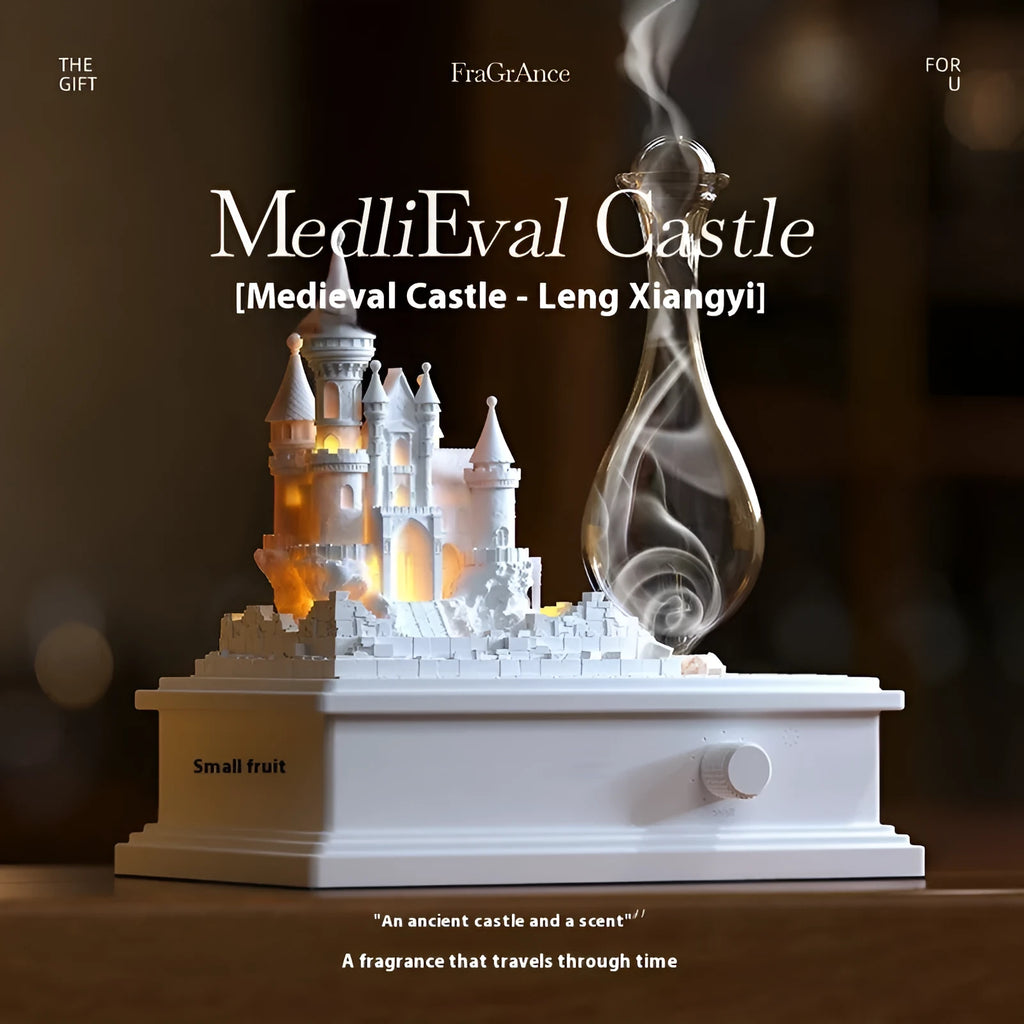 White medieval castle-shaped cold fragrance aromatherapy machine with ambient light on a table.