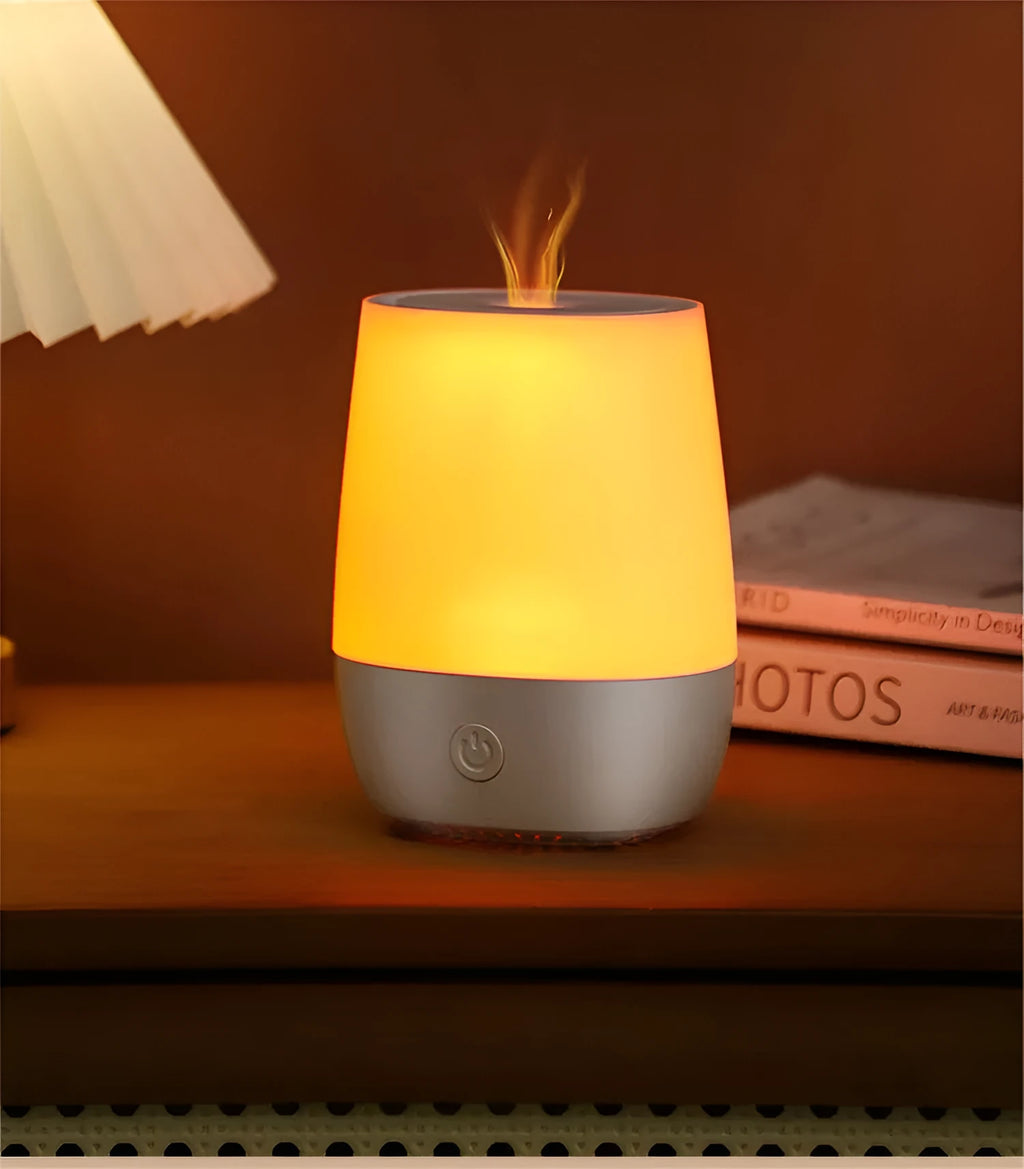 White mini USB flame humidifier aromatherapy machine with LED flame simulation effect