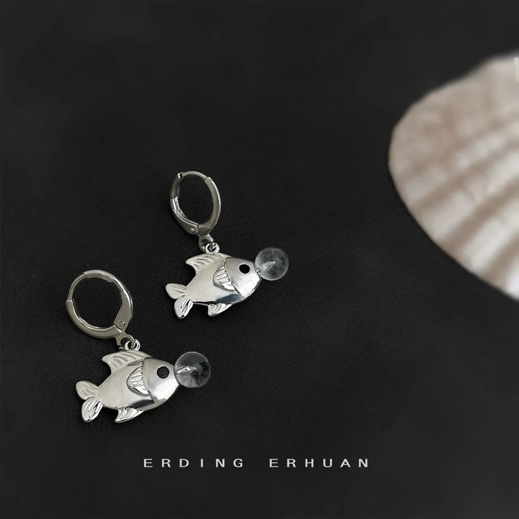 Copper bubble fish earrings with goldfish animal modelling electroplated finish
