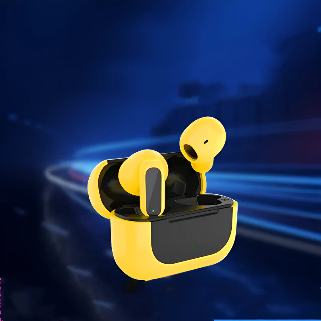 Jerry cartoon wireless Bluetooth headphones in yellow colour showing earplug design
