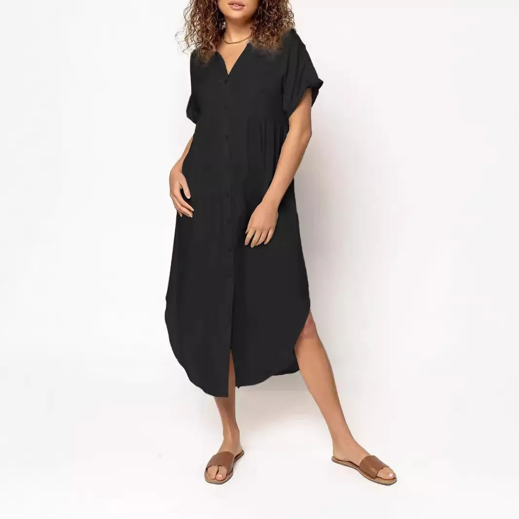 Casual mid-length button-front dress in solid colour with regular sleeves and mid-waist cut