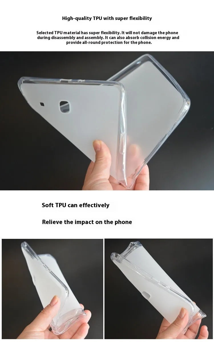 Clear ultra-thin silicone protective case for a tablet, showing minimalist design and TPU bumper.