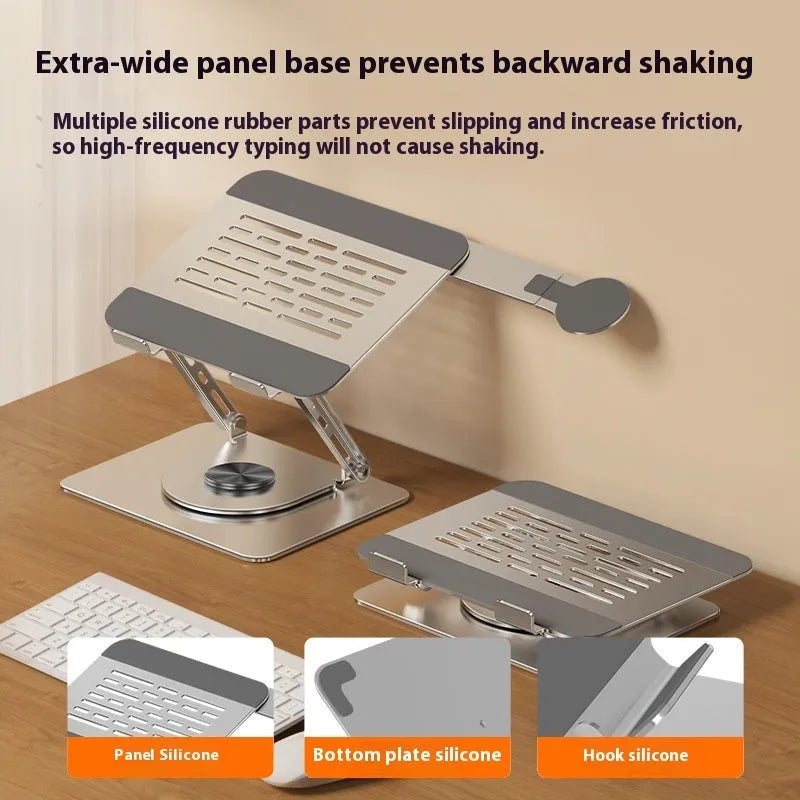 Silver carbon steel laptop stand with side-mounted magnetic phone holder rotated at 45-degree angle