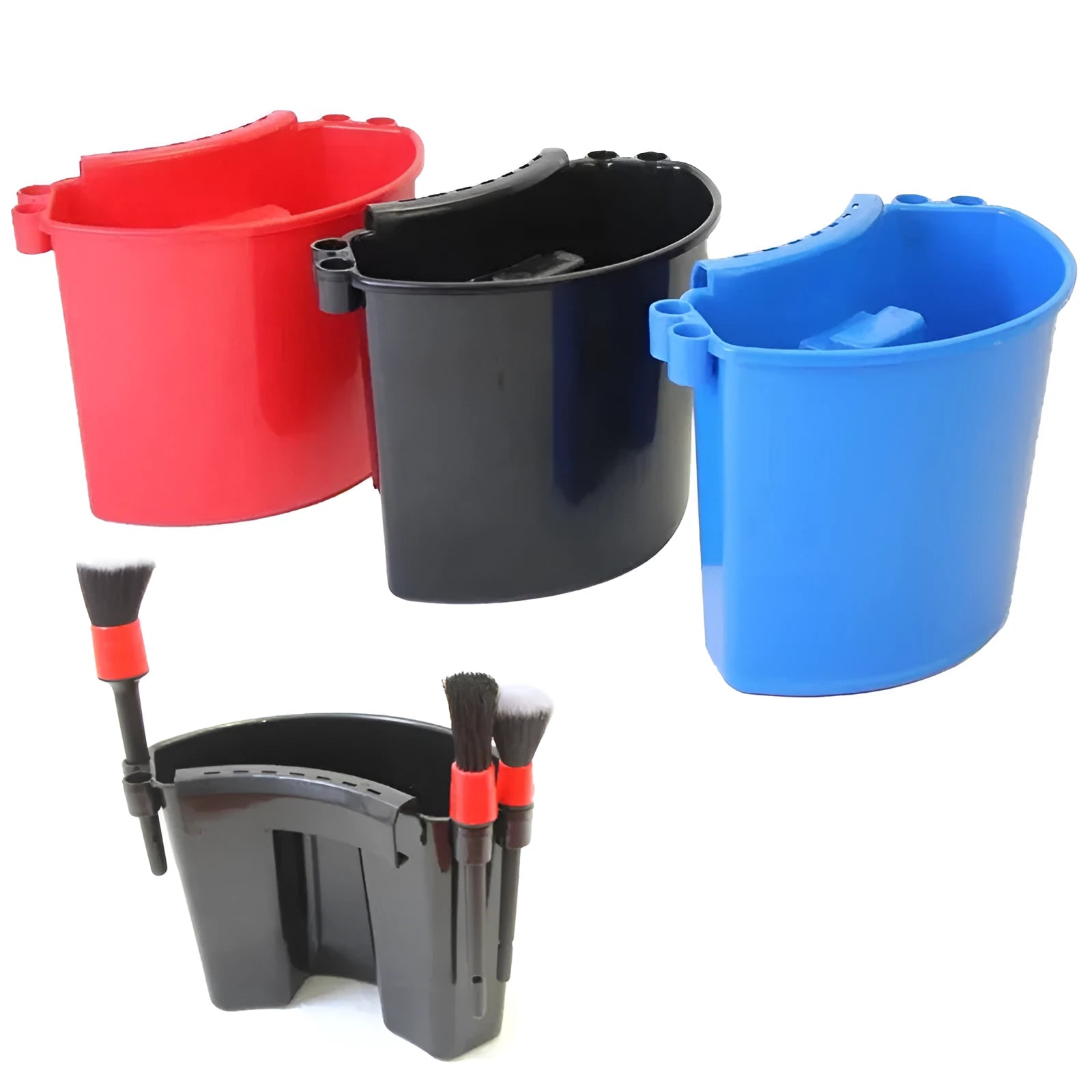 PP plastic car wash bucket shown in available colours: black, red, blue, and pink