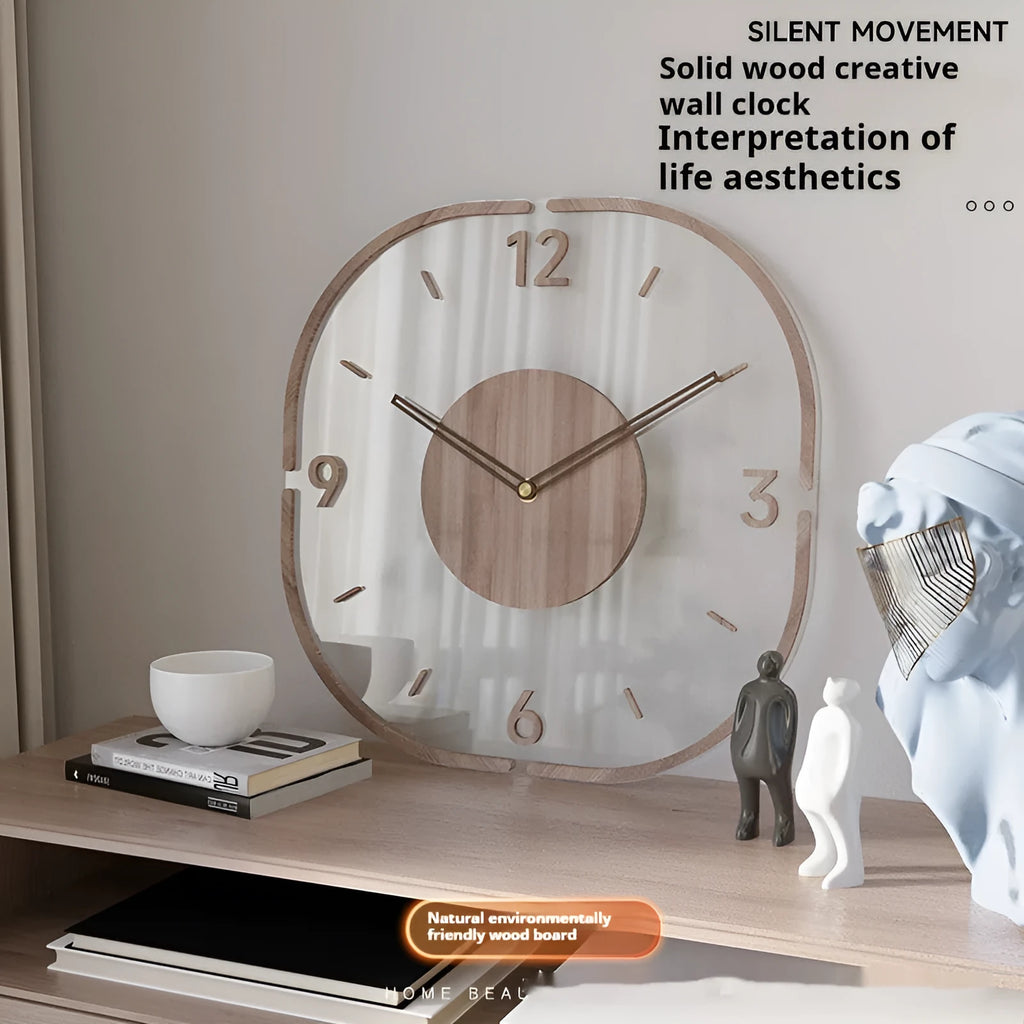 Modern transparent wooden frame wall clock showing 35cm square dimensions