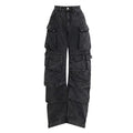 Women's high waist wide leg denim trousers with multiple pockets in street hipster style