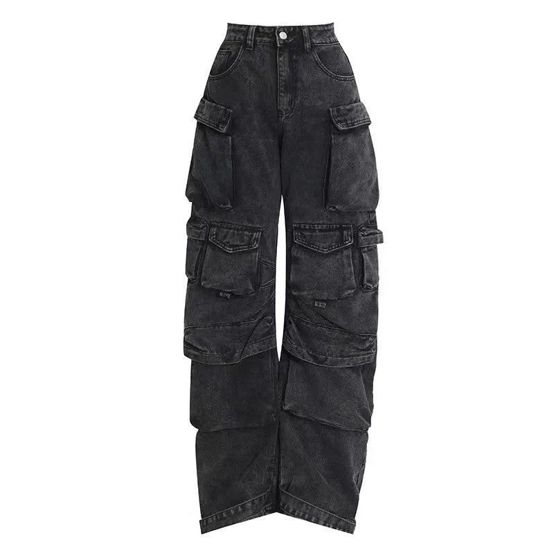 Women's high waist wide leg denim trousers with multiple pockets in street hipster style