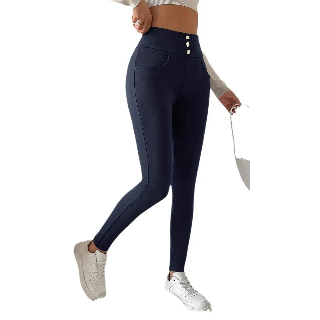 Navy blue high-waist women's casual straight-leg trousers on a hanger.