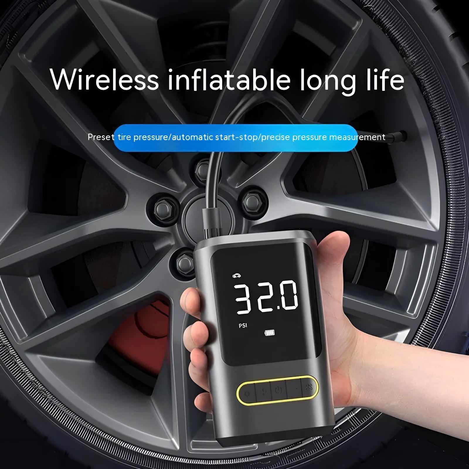 Black handheld wireless digital tyre inflator with LED display and flexible hose on a grey background.