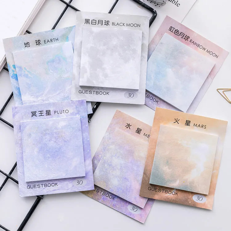 Square planet oil painting sticky notes notepad with 30 sheets showing Moon, Earth, Mars designs