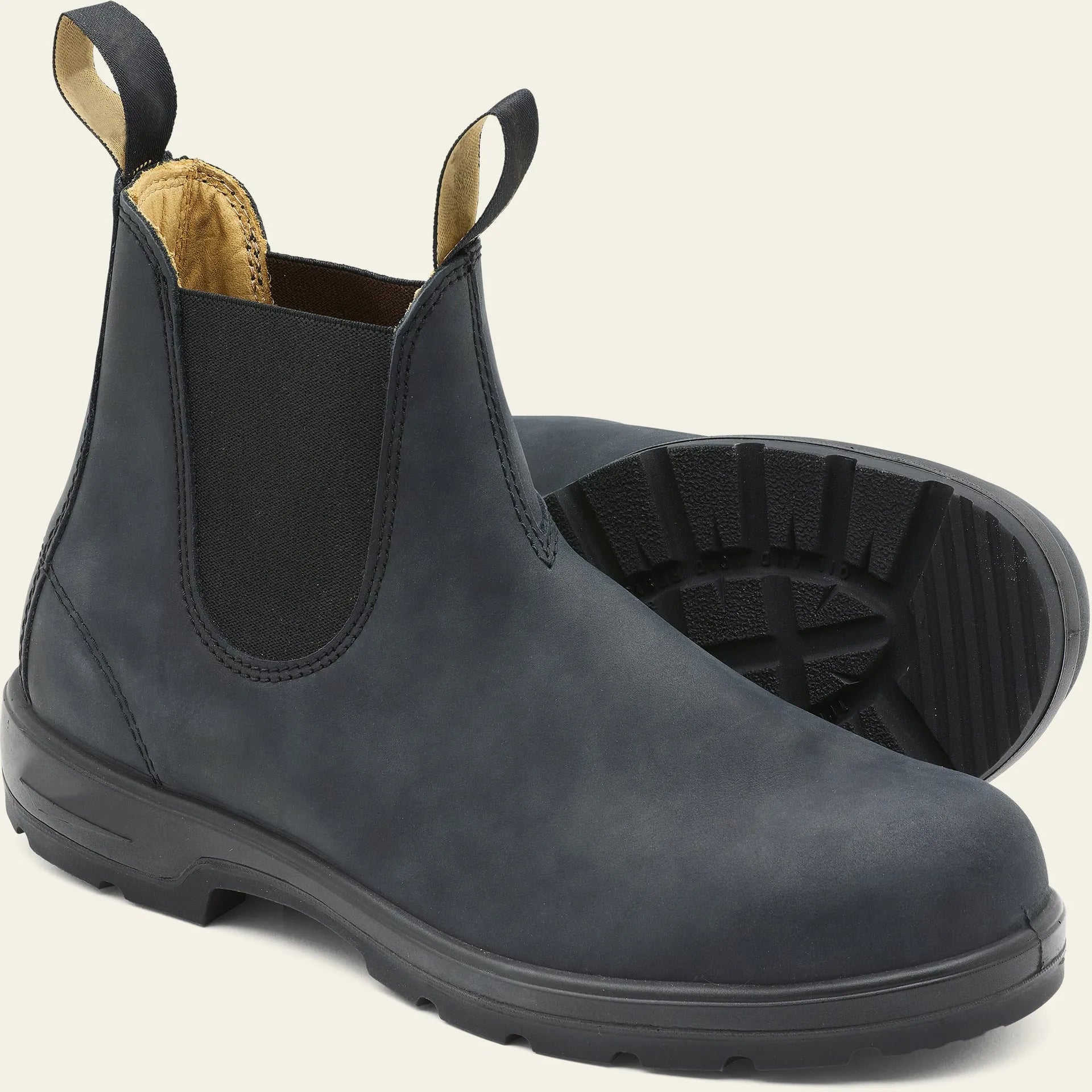 Vintage unisex Chelsea boots in frosted PU leather with beef tendon sole, showing round toe and car suture detail