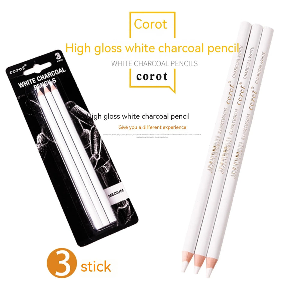 Set of three white charcoal pencils with wooden shells for highlighting and shading art on dark paper