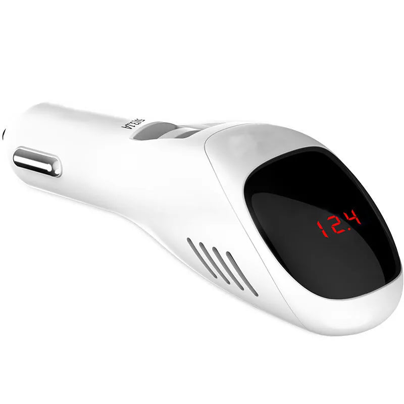 White car USB charger with integrated negative ion air purifier showing compact dimensions