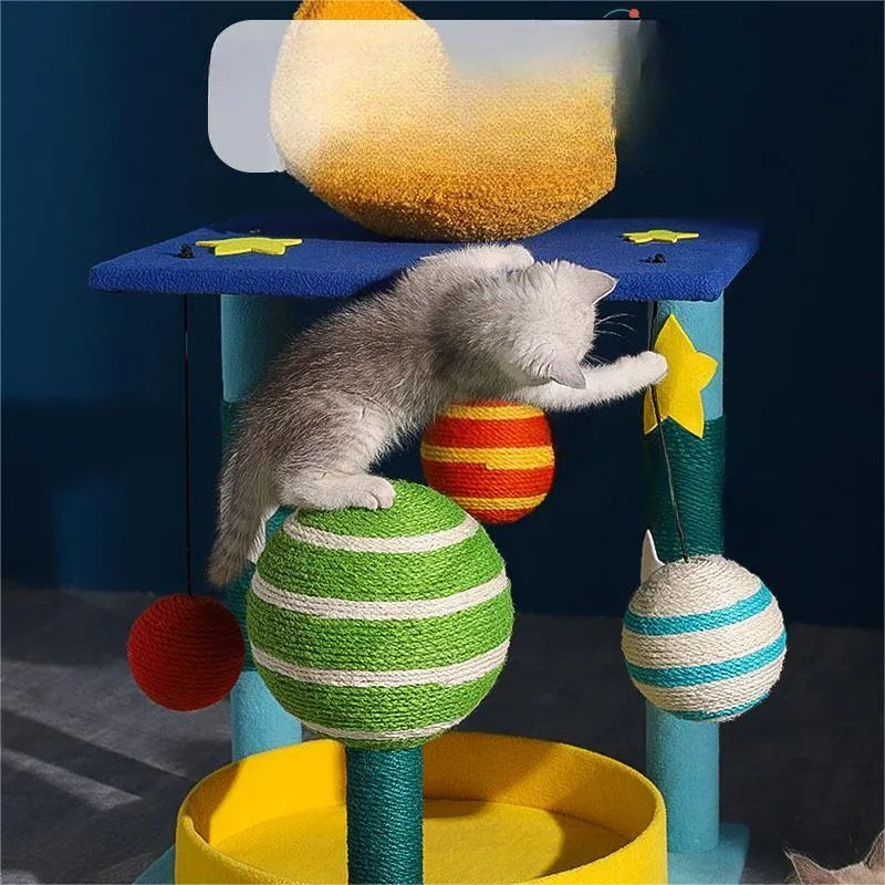 Star-shaped cat climbing frame in teddy velvet and sisal with nest and toy, cartoon style, medium and large sizes