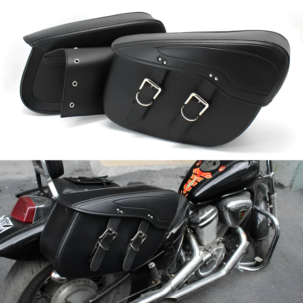 Black retro PU leather motorcycle saddlebag mounted on a bike side.
