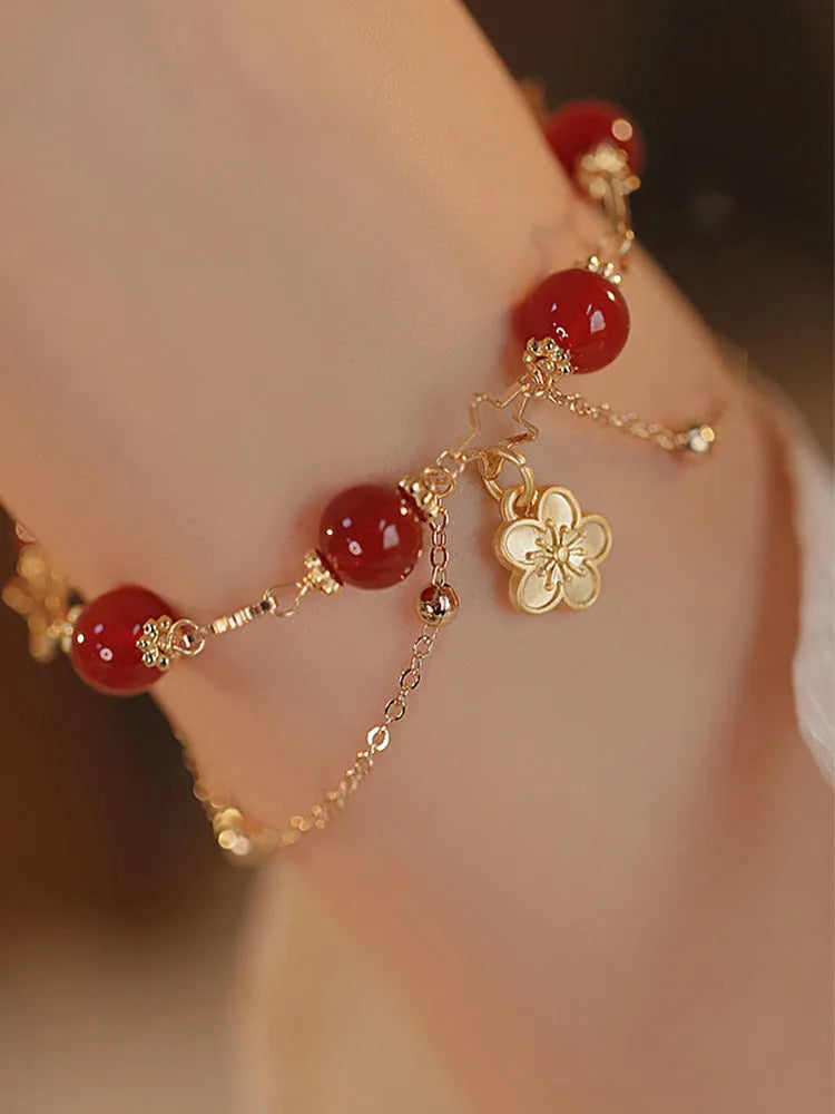 Red agate double layer women's bracelet with peach blossom charm jewellery