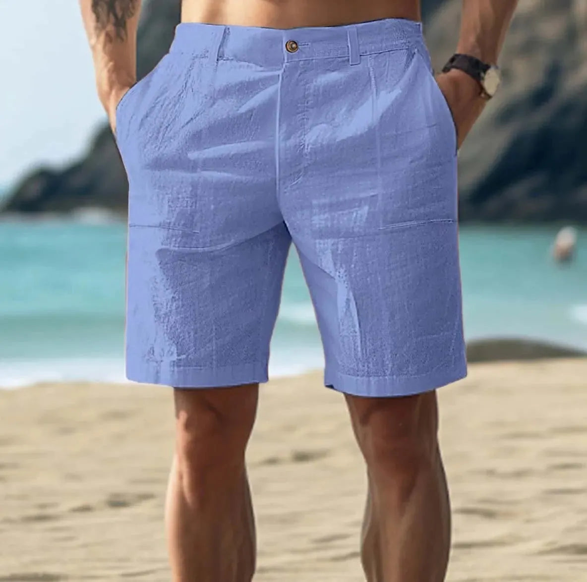 Men's cotton and linen casual five-point shorts in solid colour with button fly front