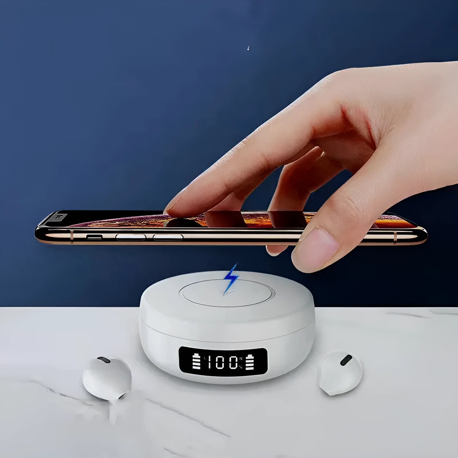 Mini semi-in-ear wireless headphones with charging case in black, blue or white colours