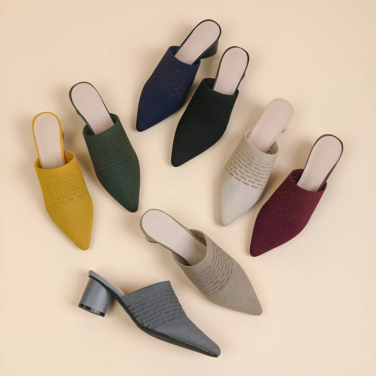 Women's pointed toe sandals with 5cm chunky heel in fabric upper