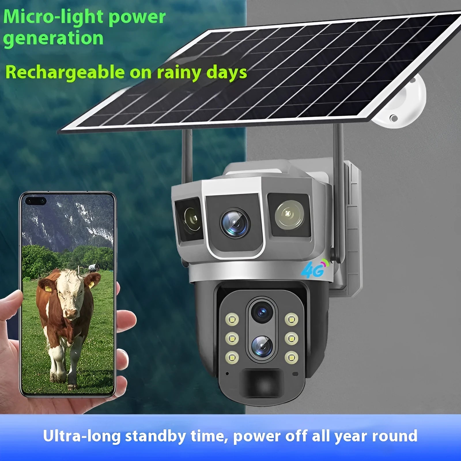 V380 outdoor security camera with solar panel and three-screen display monitor