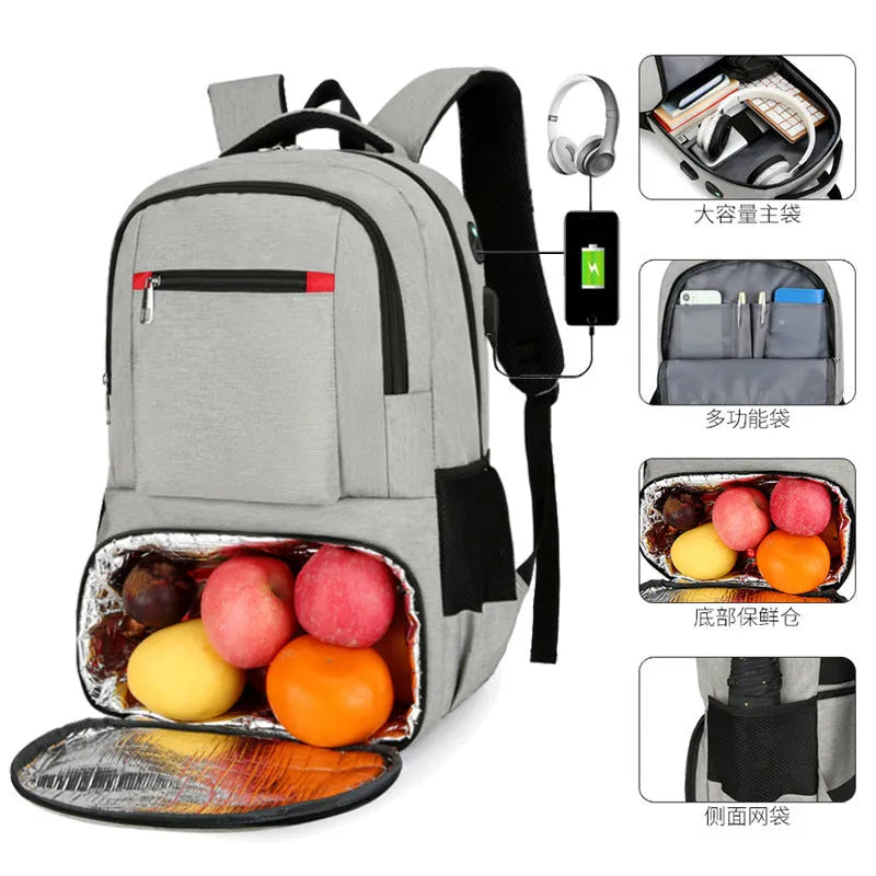 Insulated Oxford cloth backpack in grey with curved shoulder straps and multiple compartments